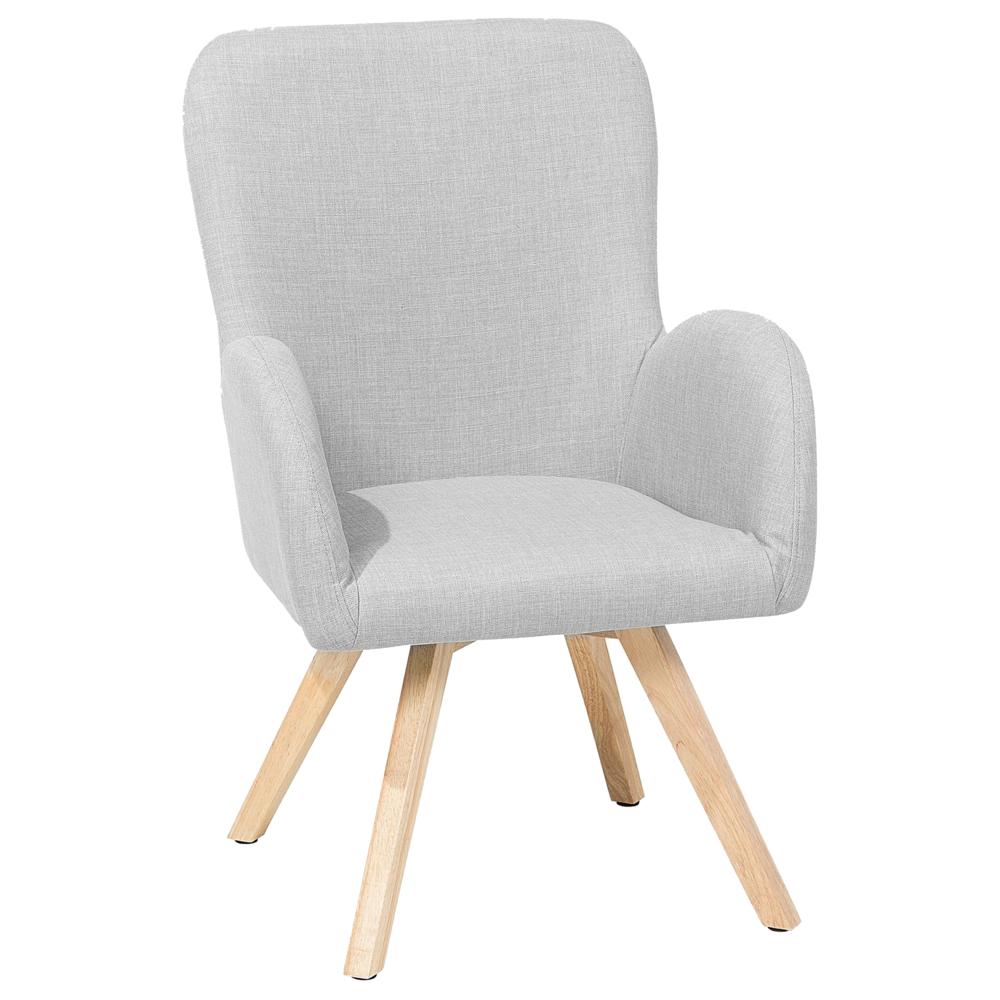 foto del prodotto chaise longue sedia da club moderna con rivestimento in tessuto grigio con braccioli e gambe in legno