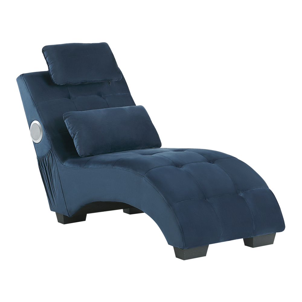 foto del prodotto chaise longue velluto blu scuro altoparlante bluetooth integrato caricabatterie usb design moderno divano curvo per 1 persona soggiorno