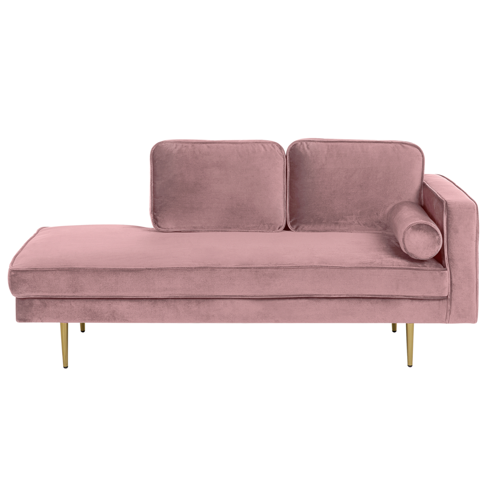 foto del prodotto chaise longue velluto rosa imbottito versione destra orientamento gambe in metallo cuscino design moderno