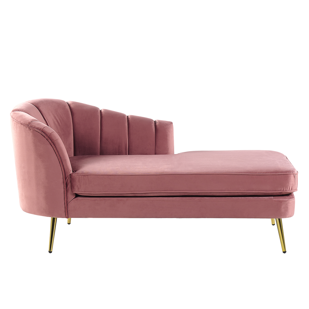 foto del prodotto chaise longue velluto rosa tappezzeria gambe in metallo dorato versione sinistra