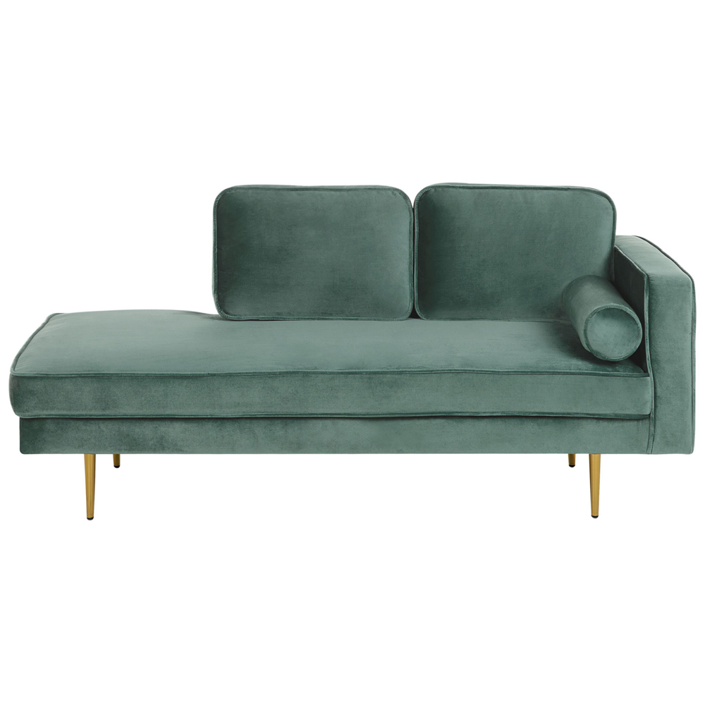 foto del prodotto chaise longue verde menta velluto imbottito orientamento versione destra gambe in metallo rafforzamento cuscino design moderno