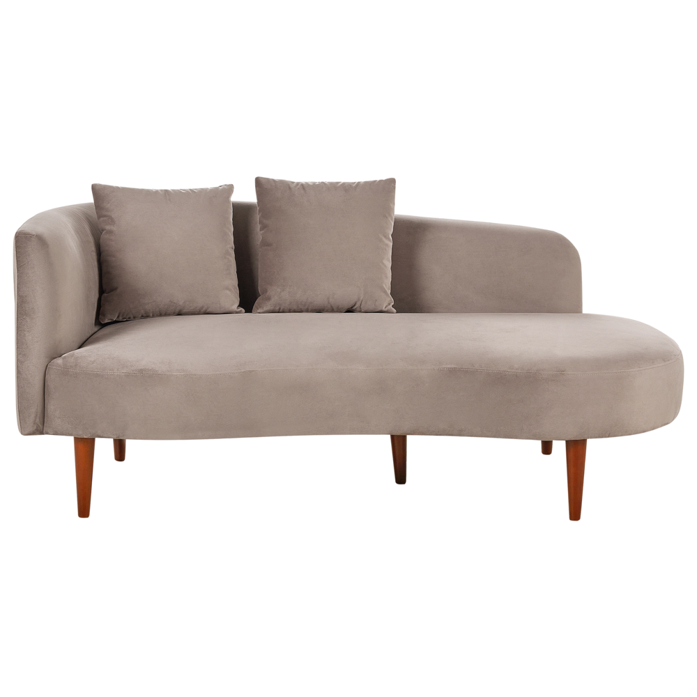 foto del prodotto chaise lounge in velluto tortora lato sinistro gambe in legno scuro design moderno