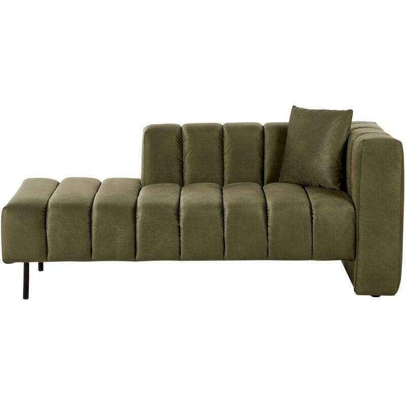 foto del prodotto chaise lounge moderna a destra rivestimento in velluto gambe nere cuscino aggiuntivo verde oliva lannils