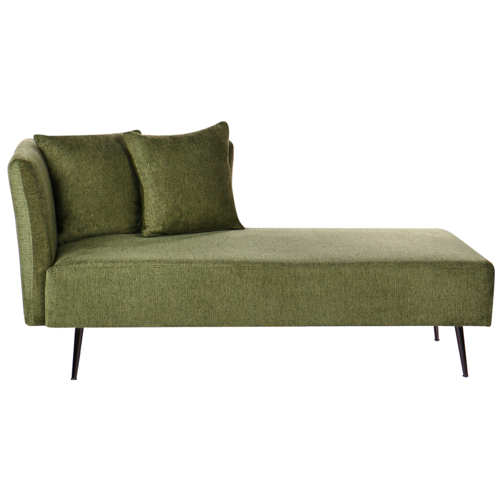 foto del prodotto chaise lounge verde menta sinistra in tessuto poliestere con cuscini decorativi gambe in metallo soggiorno di design moderno