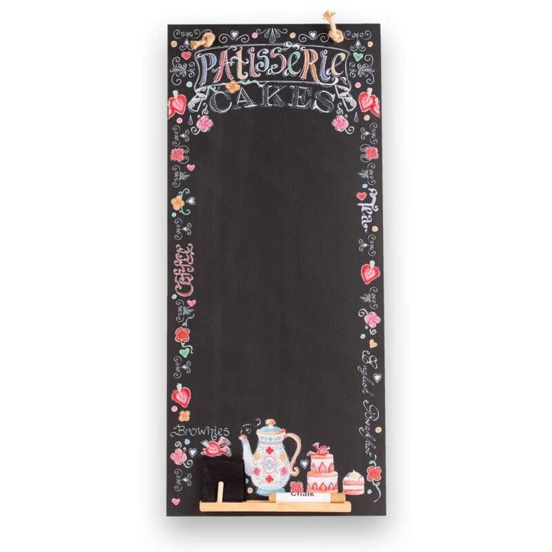 foto del prodotto chalkboards uk lavagna lavagna da cucina lunga e sottile, con corda, vassoio e gessetti, in legno, nero, 60 x 26,5 x 1 cm, chb137 patisserie