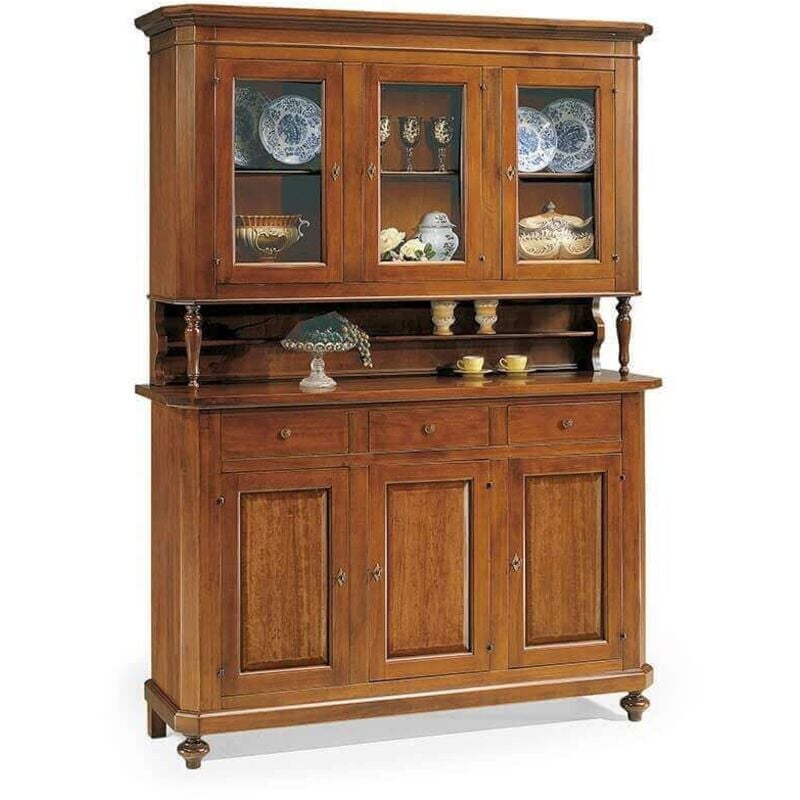 foto del prodotto chelsey credenza con vetrina in legno massello cm 150 x 43 x 218 h