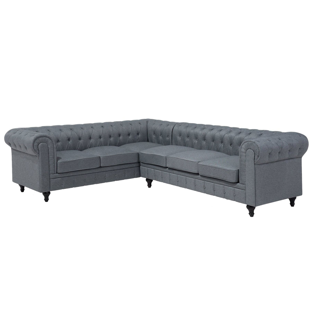 foto del prodotto chesterfield divano ad angolo in tessuto versione destra rivestimento in tessuto grigio gambe in legno scuro chaise 6 posti contemporanea