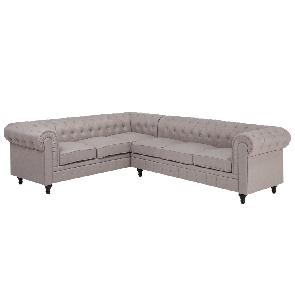 foto del prodotto chesterfield divano ad angolo in tessuto versione destrorso rivestimento in tessuto beige gambe in legno scuro chaise 6 posti contemporanea