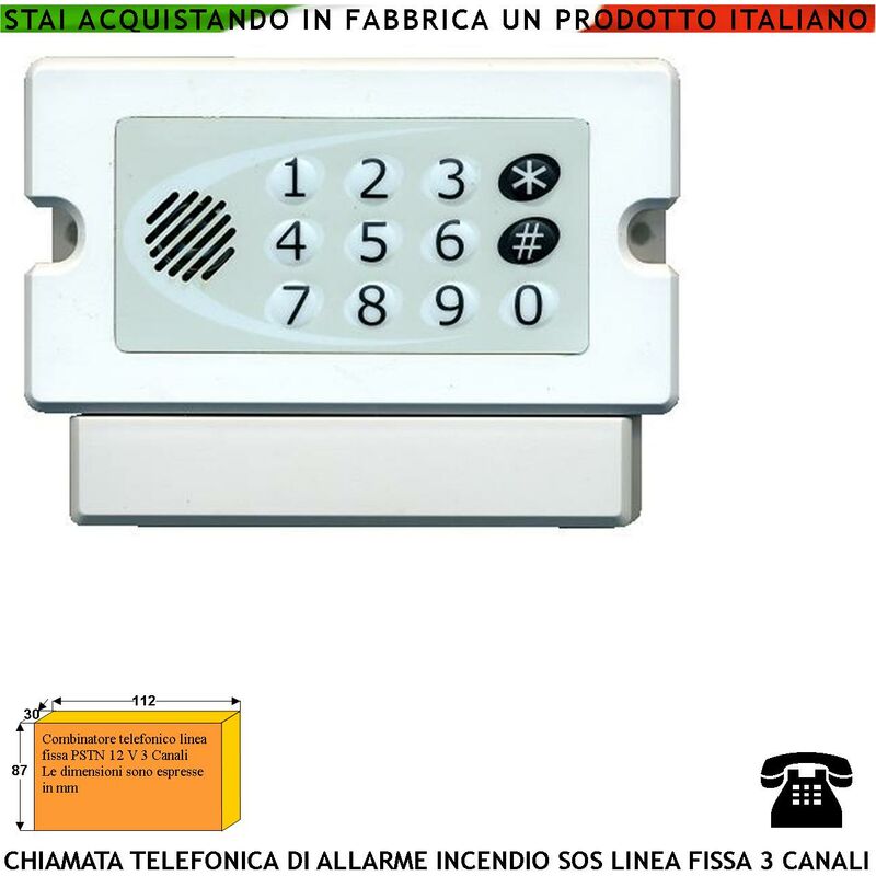 foto del prodotto chiamata telefonica allarme furto linea fissa 3 canali programmabili 3 messaggi da 15 sintesi vocale senza risposta richiama 2 9 volte incorpora