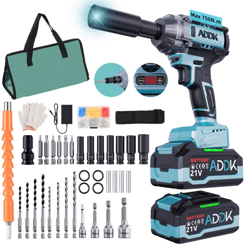 foto del prodotto chiave a impulsi a batteria, 21 v, 4,0 ah, 1 2', 550 nm, 6 velocità, 3300 giri min, chiave per cambio gomme auto