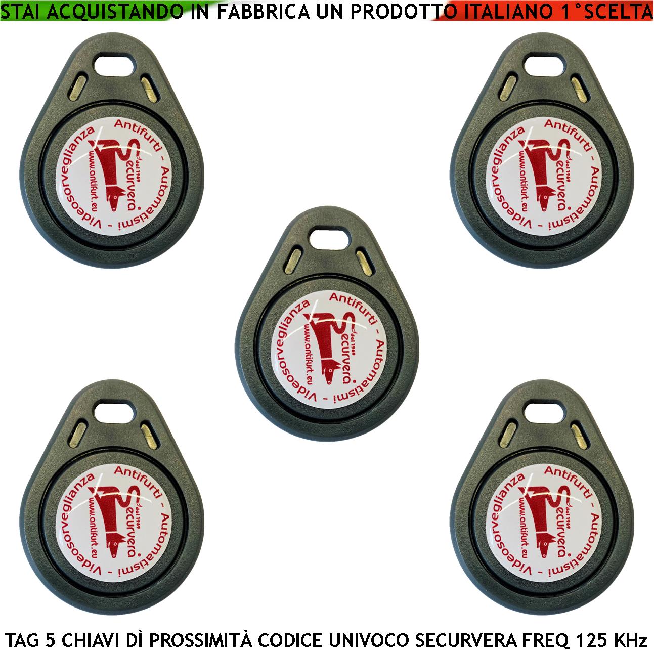 foto del prodotto chiave cinque trasponder di prossimità rfid alta sicurezza codice base univoco securvera em-4100 frequenza di lavoro 125 khz codici generati random tag alimentazione per induzione con foro portachiavi