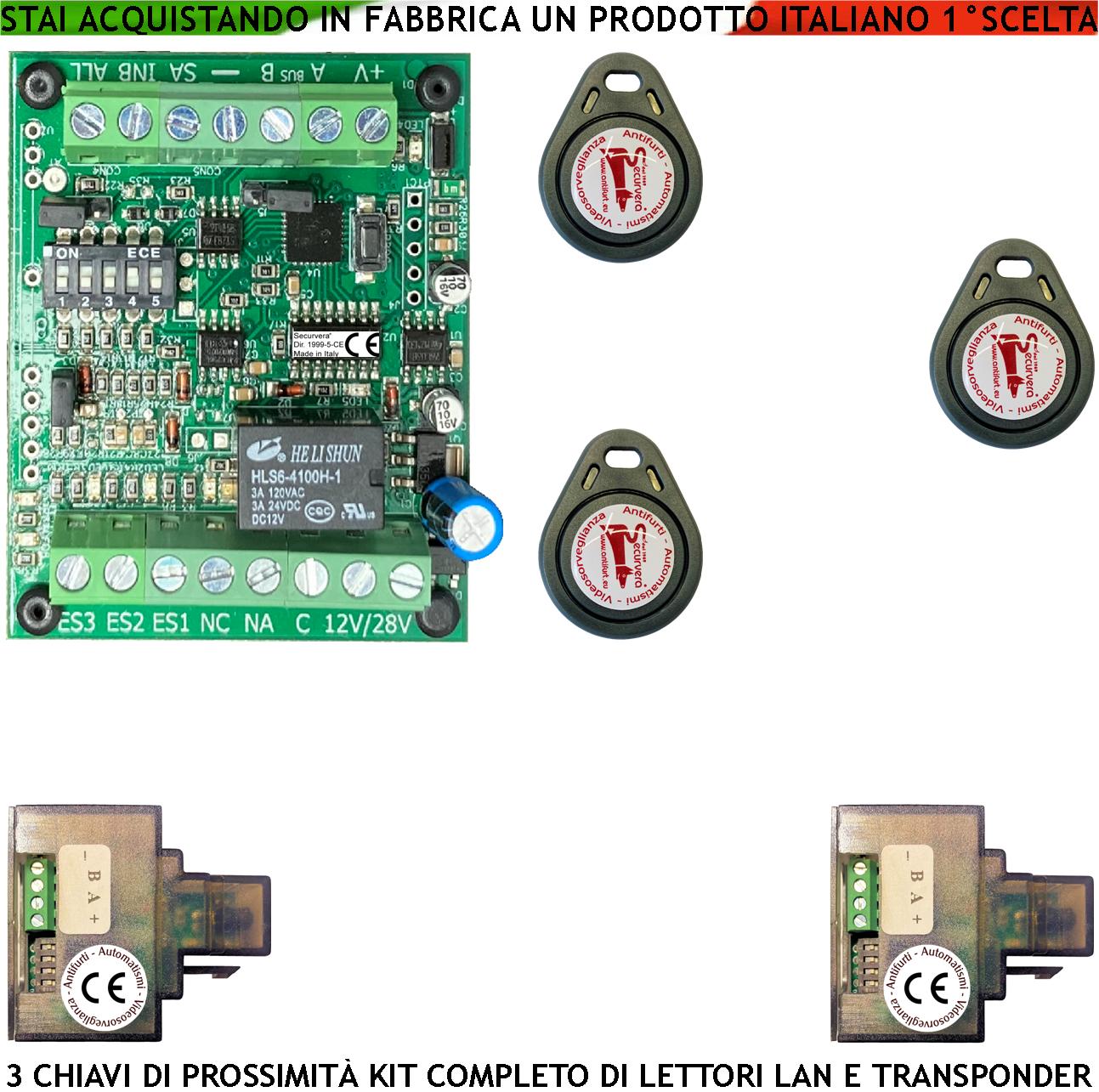 foto del prodotto chiave elettronica di prossimità 3 chiavi tag 2 lettori su modulo lan universale 501/503 rj45 alimentazione 12/24 vac relè scambio 2 a a 24 v funzione impulsiva o stabile segnale di stato 4 led grvb