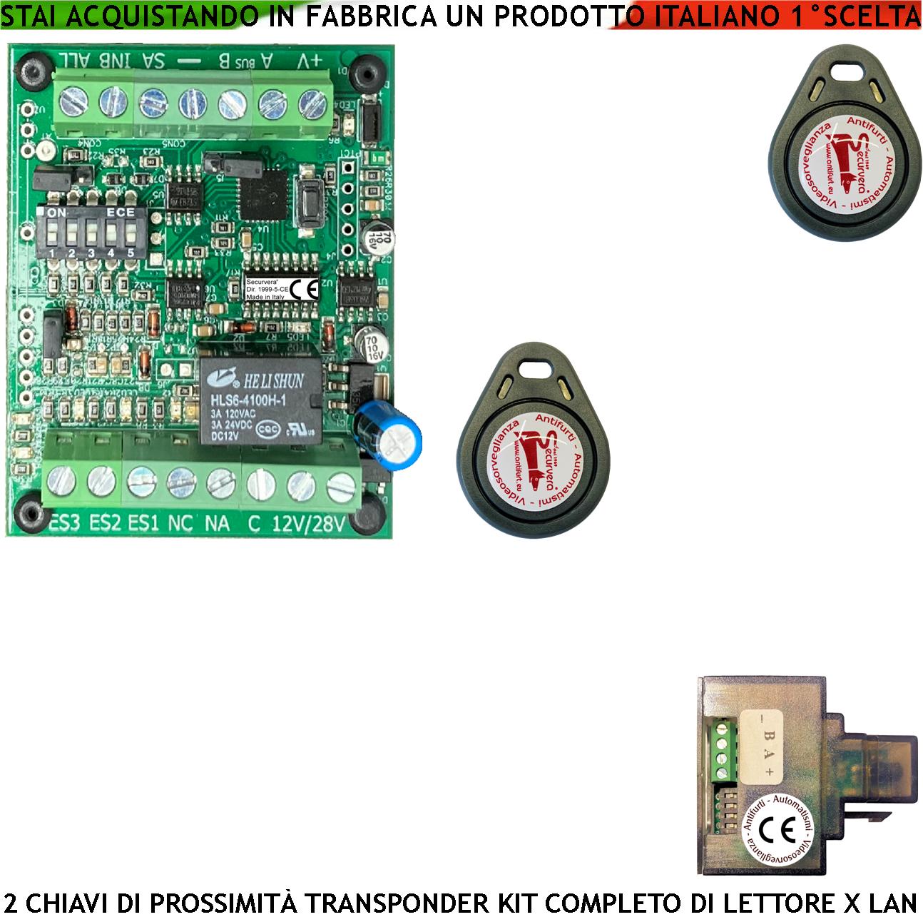 foto del prodotto chiave elettronica di prossimità alimentazione 12 v uscita relè contatto c.nc.na 2 a a 24 v funzione impulsiva o stabile 2 chiavi tag lettore modulo lan universale 501 rj45 segnale di stato 4 led grvb