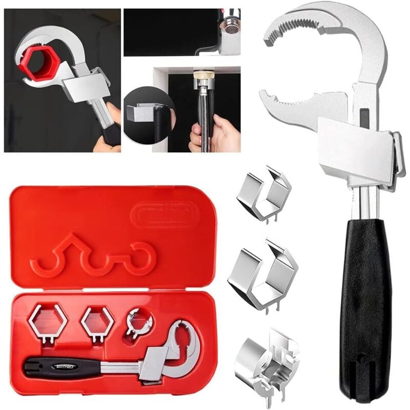 foto del prodotto chiave inglese - chiave inglese regolabile universale, multifunzione con 3 testine di ricambio, kit di riparazione - per rubinetto, bagno, cucina