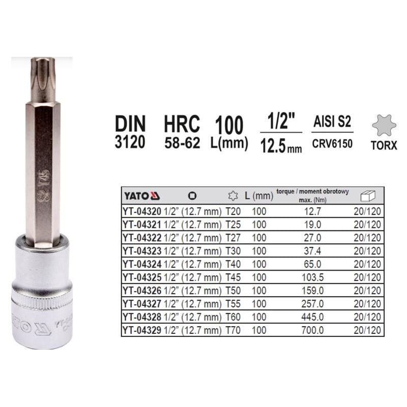 foto del prodotto chiave torx 1 2 t50 l100mm yt 04326 yato