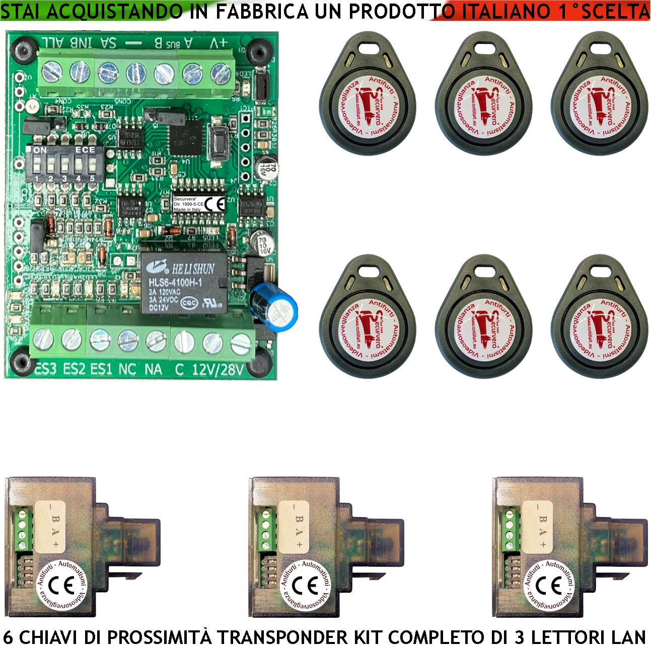 foto del prodotto chiave trasponder di prossimità 6 chiavi tag tre lettori su modulo lan universale 501 503 rj45 alimentazione 12 24 vac relè scambio 2 a a 24 v funzione impulsiva o stabile segnale di stato 4 led grvb