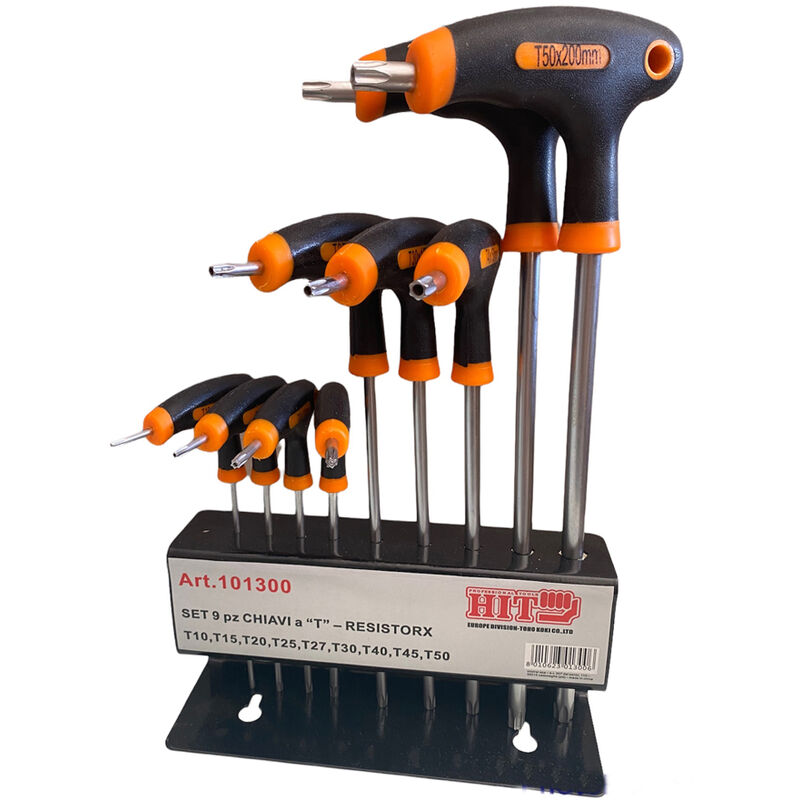foto del prodotto chiavi torx impugnatura a t lunghe 9pz t10 t50 supporto metallo