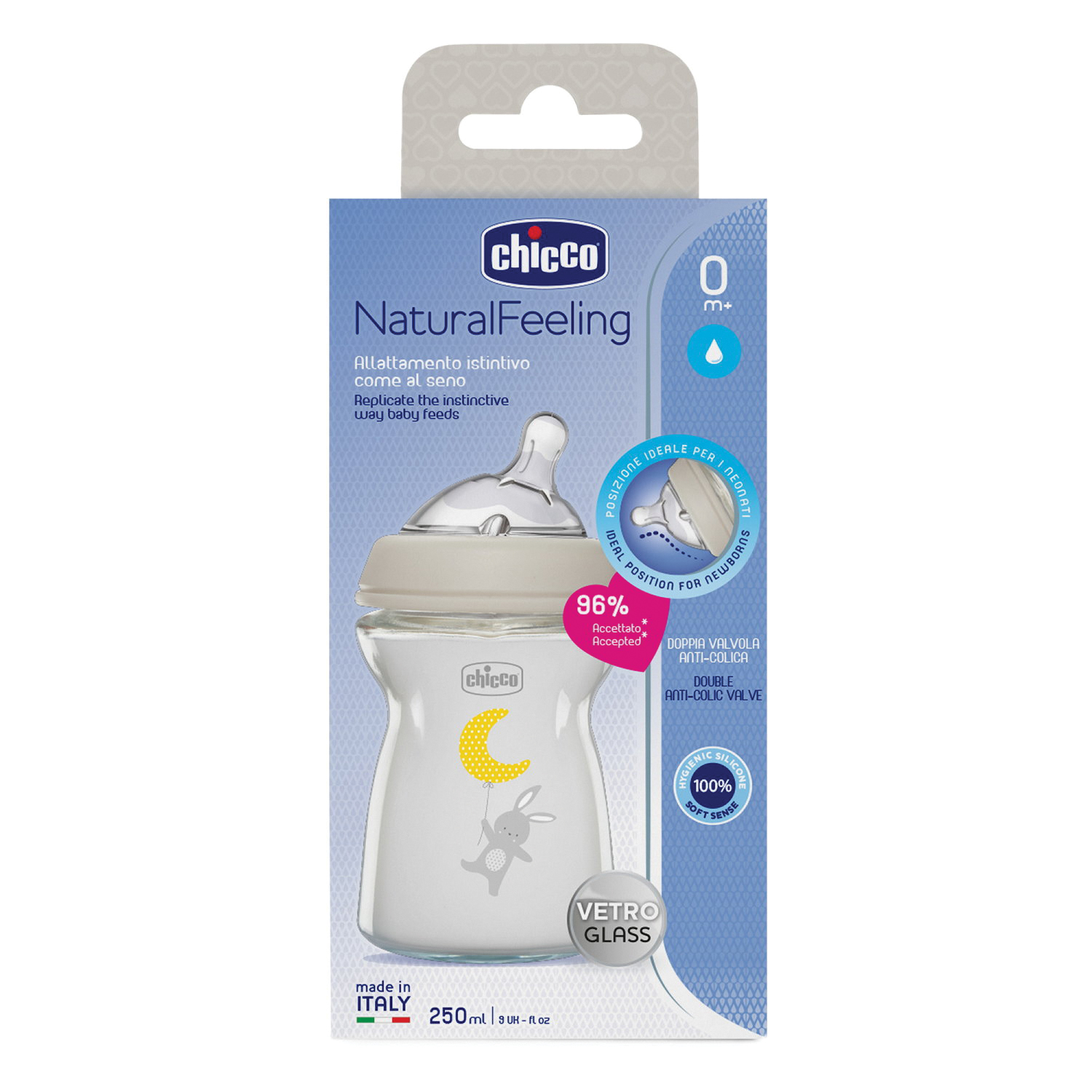 foto del prodotto chicco biberon naturalfeeling vetro, 2m , 250 ml, flusso lento