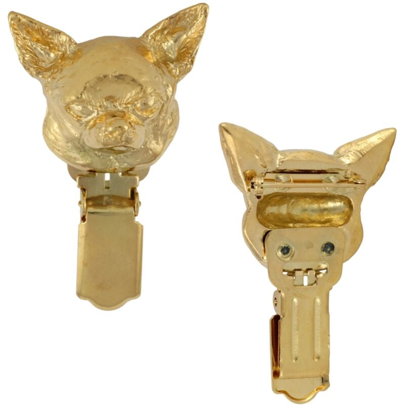 foto del prodotto chihuahua a pelo corto i spilla con clip, porta numero di partenza placcato in oro, elegante distintivo per esposizione canina di art dog