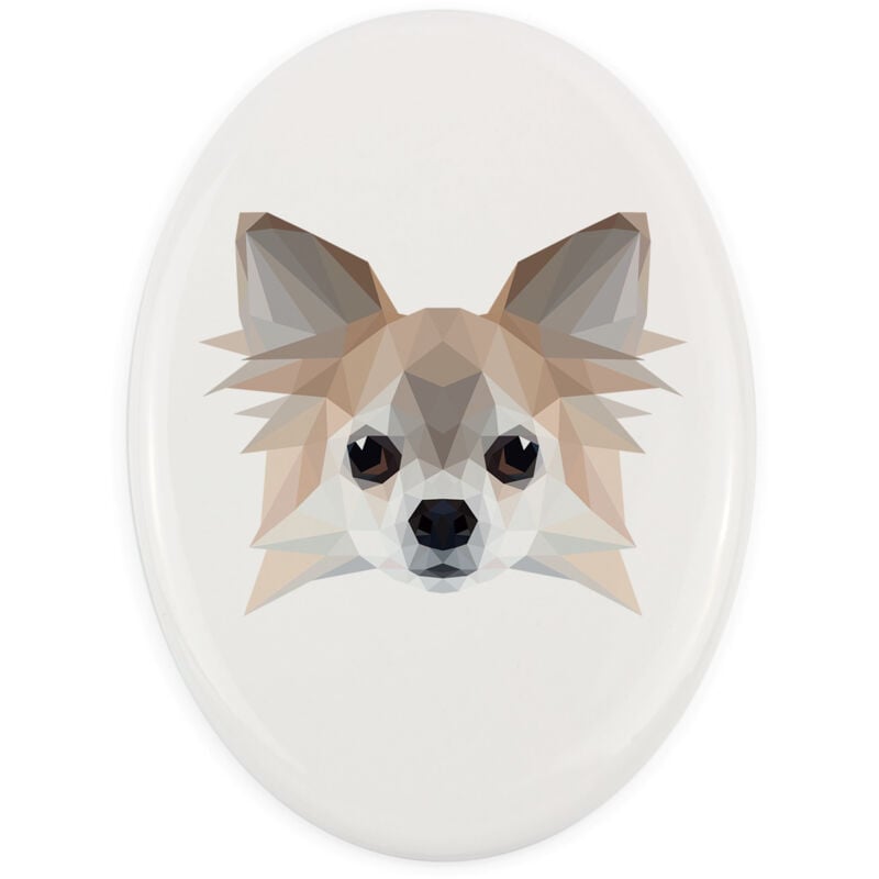 foto del prodotto chihuahua a pelo lungo piatto con foto e iscrizione geometrica di art dog