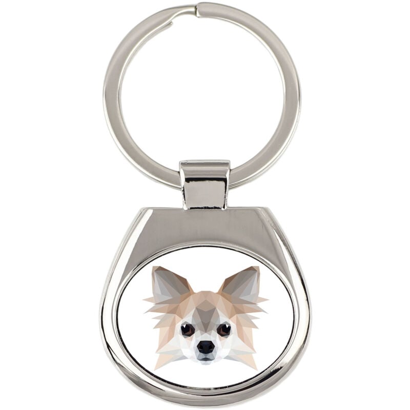 foto del prodotto chihuahua a pelo lungo portachiavi geometrico con foto e scritta art dog