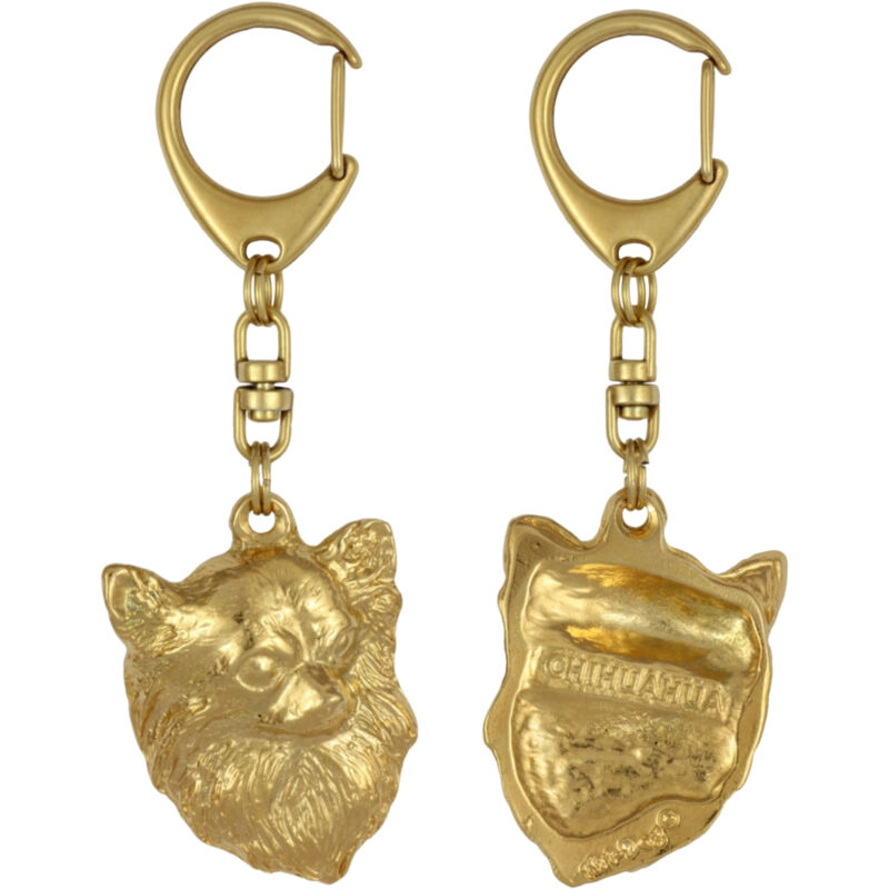 foto del prodotto chihuahua a pelo lungo portachiavi per cani placcato oro, decorazione per borsa, accessorio di lusso di art dog