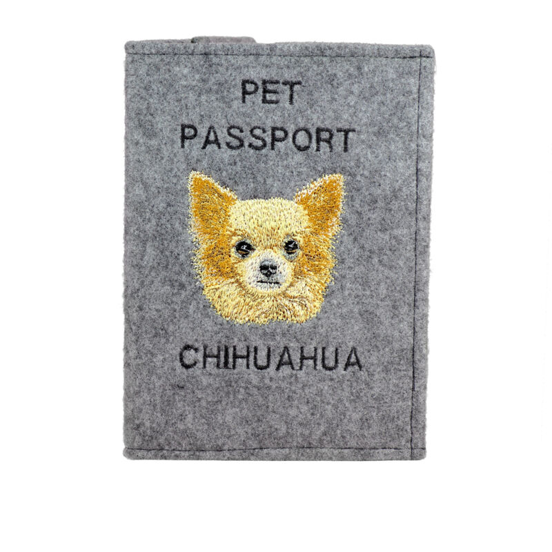 foto del prodotto chihuahua a pelo lungo portapassaporto per cani, portadocumenti, regalo per viaggiatori di art dog