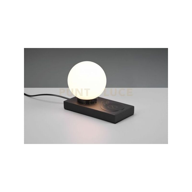 foto del prodotto chloe lampada da tavolo nera con sfera vetro bianco con base x ricarica induttiva cellulare con interruttore touch h. 15cm 1 luce attacco e14