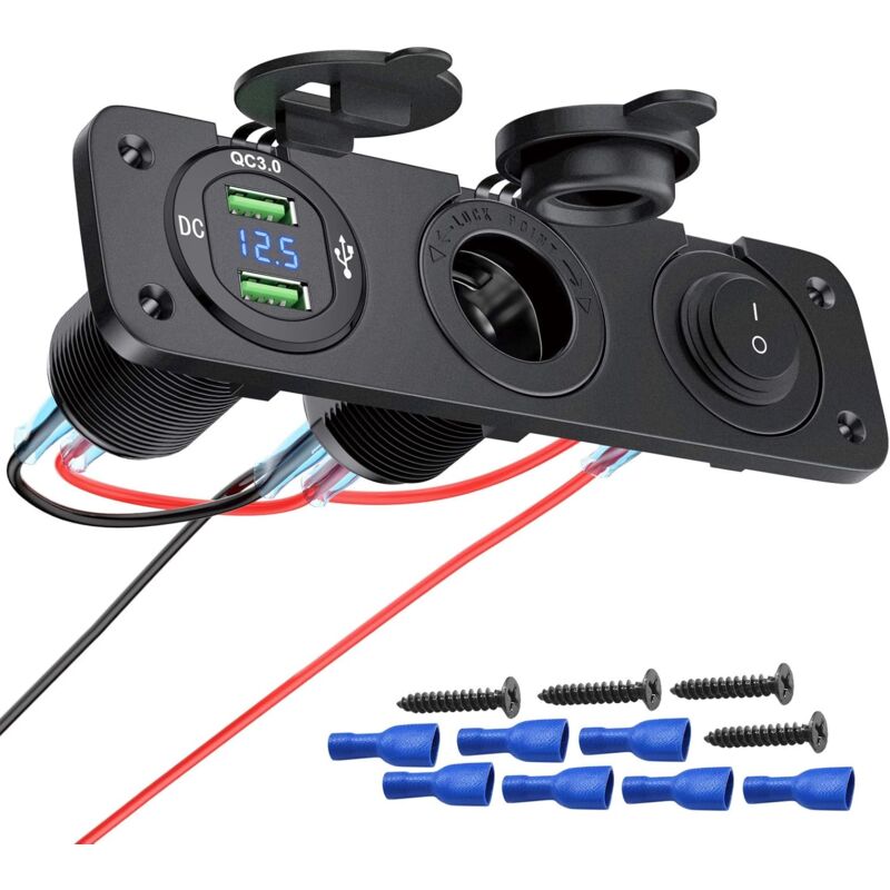 foto del prodotto ciabatta elettrica 3 in 1 crediri con presa da 12 v, caricabatterie usb doppio qc3.0, interruttore a bilanciere illuminato per barche, rimorchi,