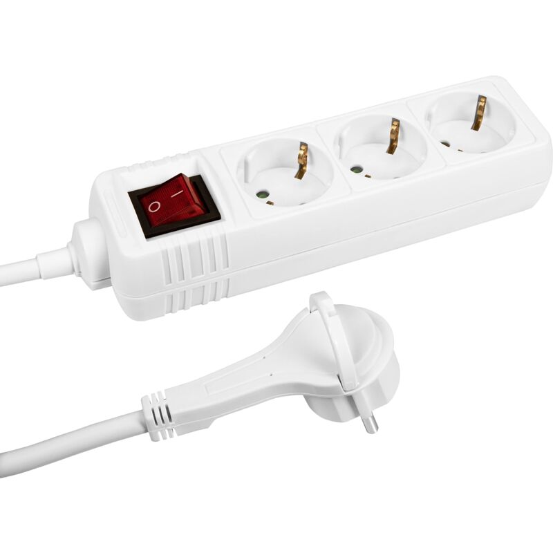 foto del prodotto ciabatta elettrica a 3 prese, spina extra piatta, cavo da 2 m, colore bianco, ip20, per interni, interruttore illuminato, presa multipla, presa con