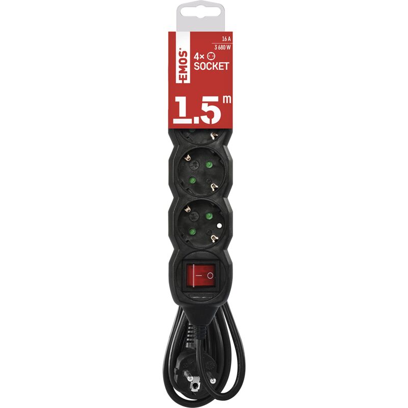 foto del prodotto ciabatta elettrica a 4 prese 1,5 m - con interruttore - 4 prese schuko ruotate 45° - 250 v, 16 a, 3680 w - isolamento in pvc - h05vv-f3g 1,5 mm2 - maggiore protezione da contatto - ip20 per - emos