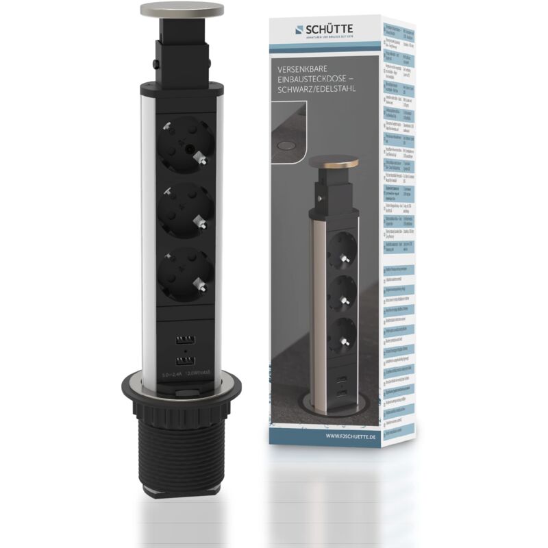 foto del prodotto ciabatta elettrica a scomparsa per piano di lavoro 2 prese usb e 3 prese da 230 v , presa a incasso per cucine da attrezzare, da tavolo, in acciaio