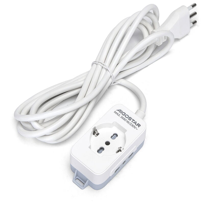foto del prodotto ciabatta multipresa elettrica 3 posti con cavo da 3m &amp;8211 1presa schuko + 2 bipasso aigostar