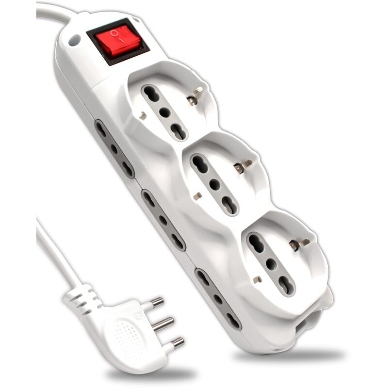 foto del prodotto ciabatta multipresa elettrica 9 posti con interruttore e cavo 1,5mt - 6 prese laterali 10/16a bipasso e 3 frontali 10/16a bipasso shuko - presa per