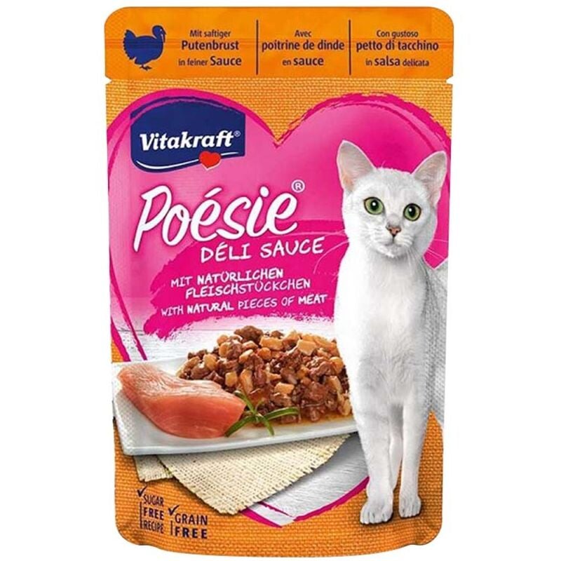 foto del prodotto cibo umido per gatti vitakraft, poèsie deli sauce, tacchino, conf. 85 gr