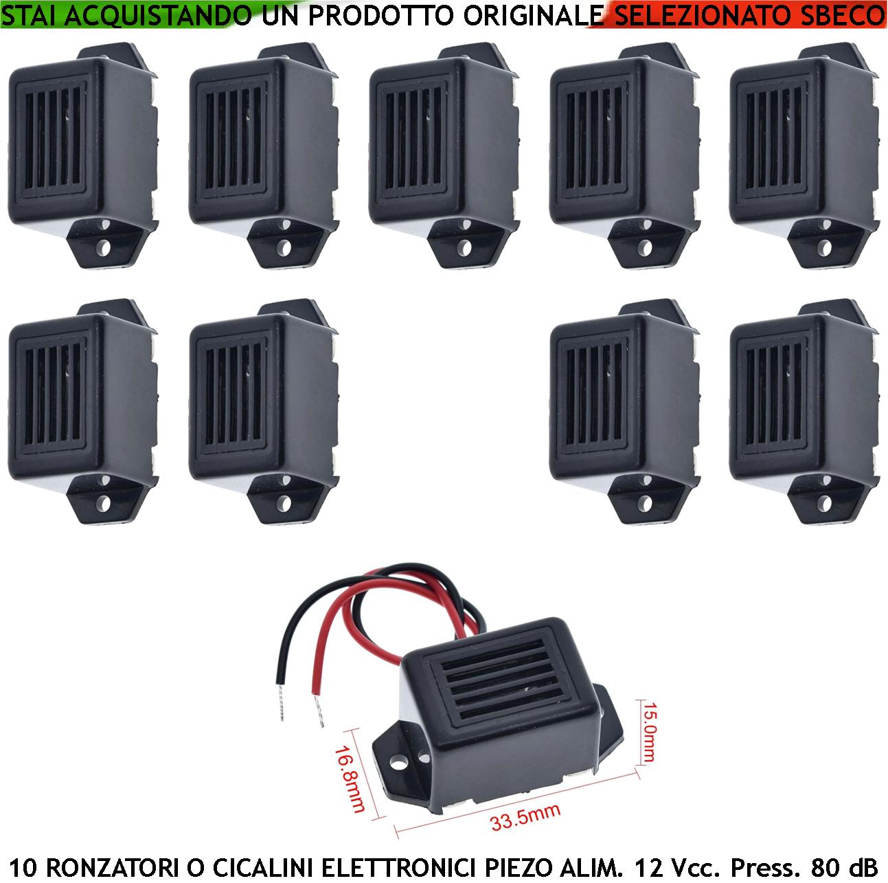foto del prodotto cicalino piezoelettrico 10 pezzi alimentazione 12 vcc assorbimento 35 ma 75 db ad un metro beep mononota frequenza 400 100 hz segnala guasto anomalia avviso di fine tempo chiamata chef contenitore abs
