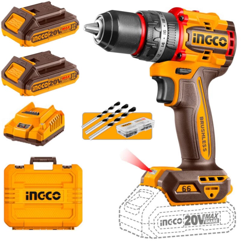 foto del prodotto cidli20668e trapano avvitatore a percussione a batteria 20 v brushless 66 nm compact con 2 batterie 2 ah e valigetta - ingco