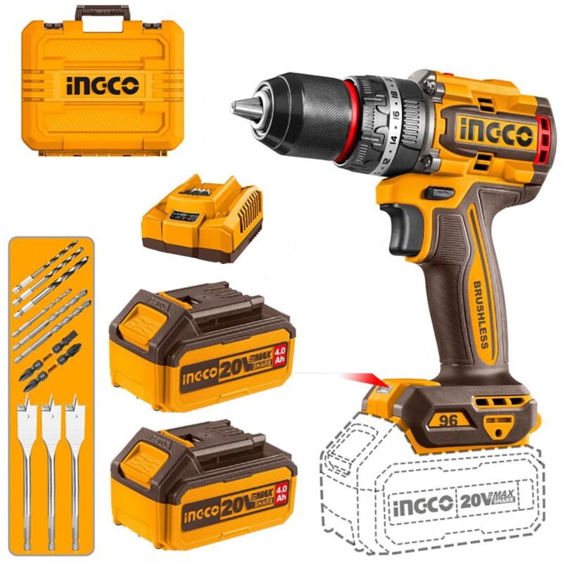 foto del prodotto cidli20968e trapano a percussione a batteria 20 v brushless 96 nm 2 batterie 4ah valigetta ingco
