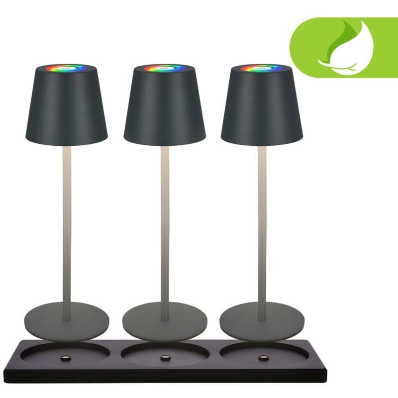 foto del prodotto cilano 3 pezzi lampada da tavolo rgbw cordless, stazione di ricarica, ip44, antracite briloner