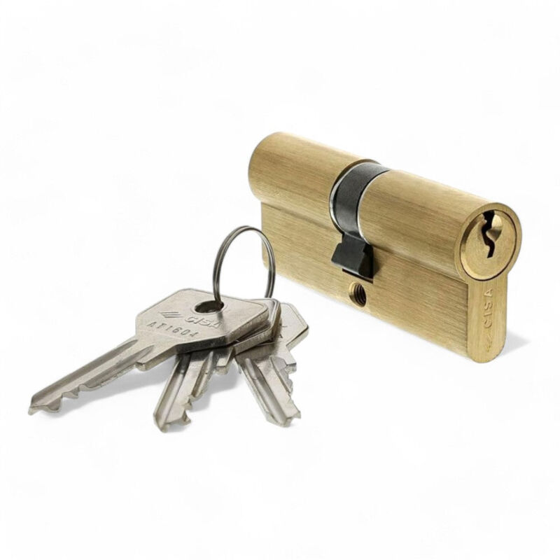 foto del prodotto cilindro a infilare sagomato centrato corpo in ottone con 3 chiavi nichelate per sicurezza porte e serrature - 80 mm centrato 40x40