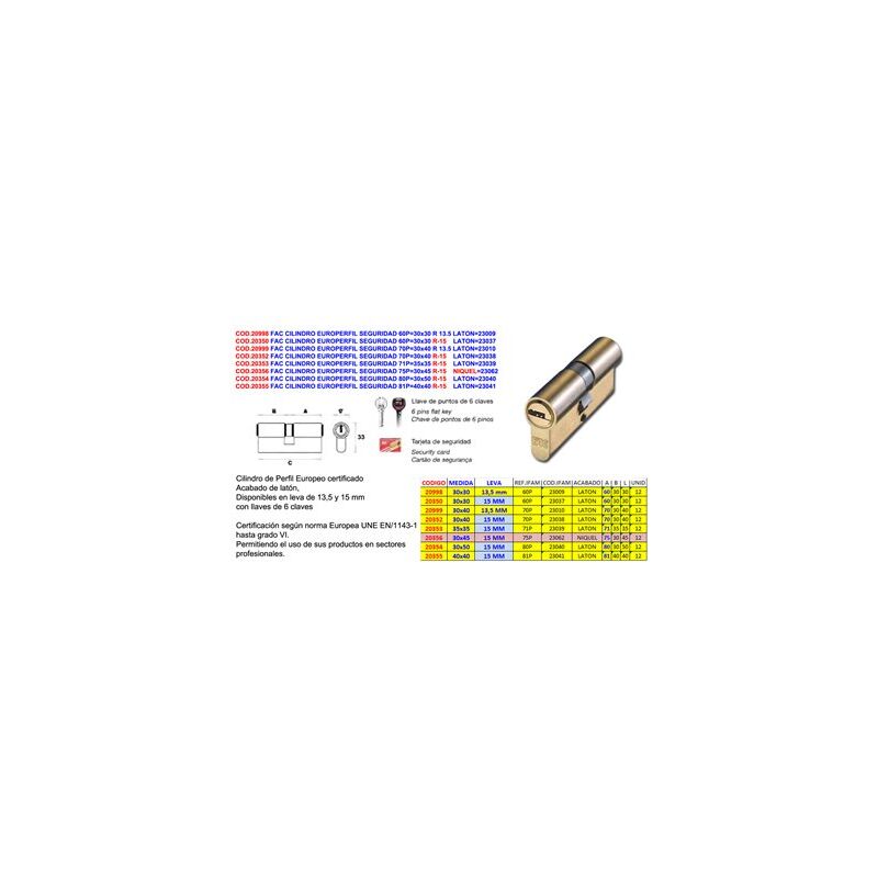 foto del prodotto cilindro di sicurezza europerfil 80p30x50 r 15 ottone 23040