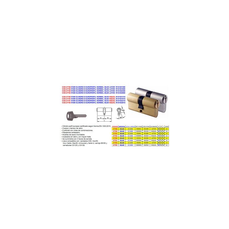 foto del prodotto cilindro normale profilo europa 30x40 ottone ifam r15031600
