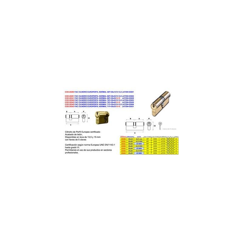 foto del prodotto cilindro normale profilo europa 40f30x10 r 13,5 ottone 23001
