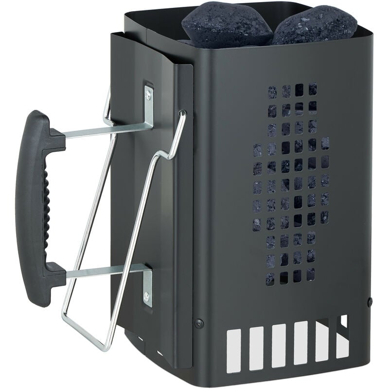 foto del prodotto ciminiera accendi carbonella per grill, manico di sicurezza e staffa di supporto, camino starter brace, nero relaxdays