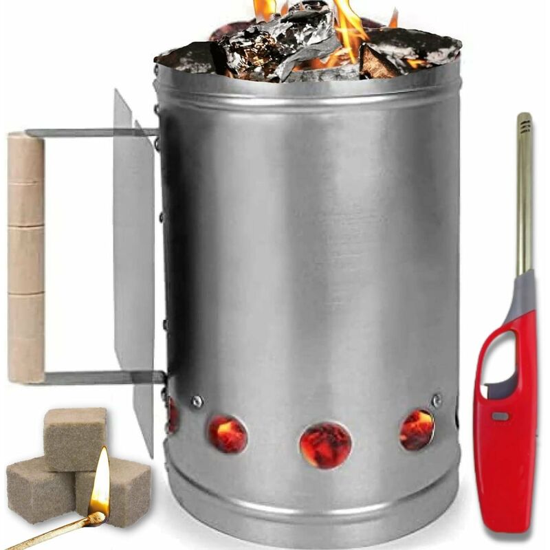 foto del prodotto ciminiera barbecue accendi carbonella bbq kit + accendifuoco 12 cubetti e accendi gas omaggio