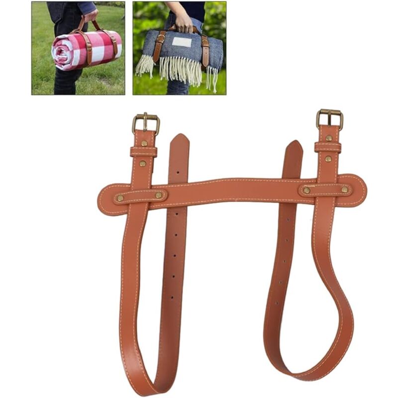 foto del prodotto cinghia per coperta da picnic, tracolla in pelle pu con fori regolabili, tracolla resistente agli strappi per picnic e tappetino da yoga da viaggio