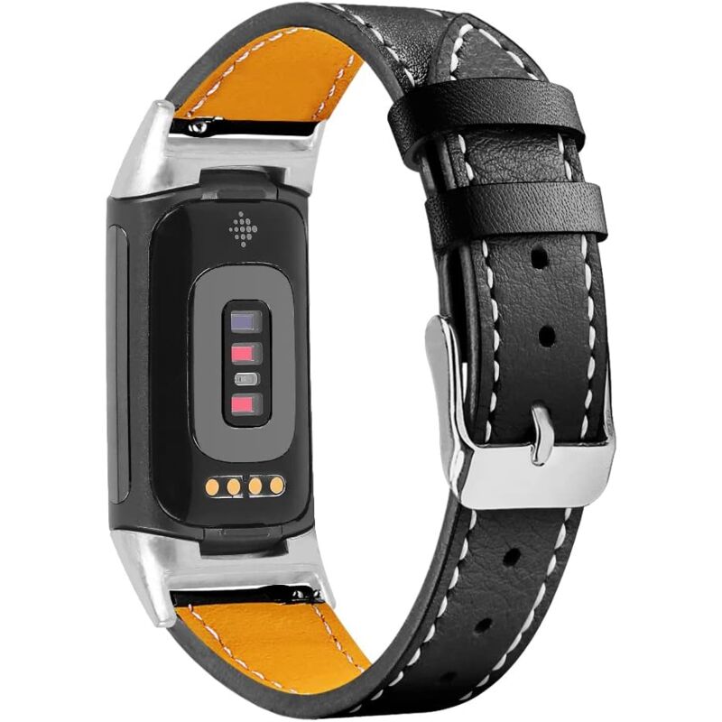 foto del prodotto cinturino in pelle compatibile con il cinturino fitbit charge 5, cinturino di ricambio in pelle classico morbido e traspirante con fibbia in metallo