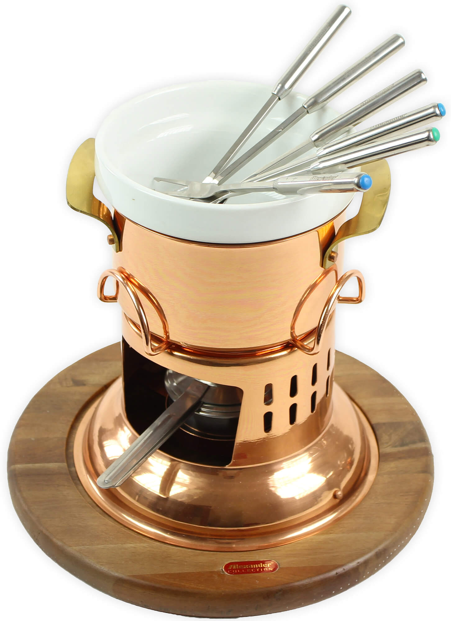 foto del prodotto cioccolatiera in rame con 6 forchettine e base in legno alexander