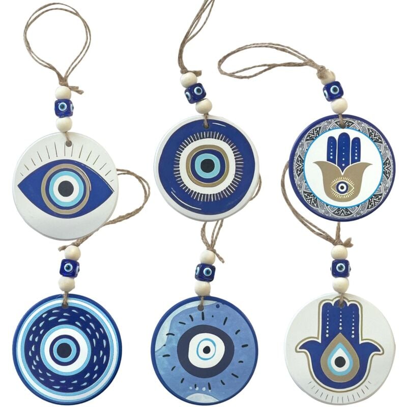 foto del prodotto ciondolo mano di fatima 6 diversi amuleti portafortuna per la protezione del malocchio in ceramica blu