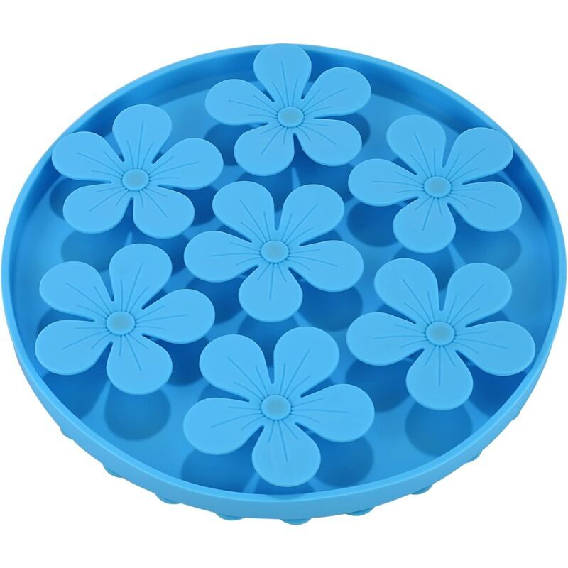 foto del prodotto ciotola anti felicit blu per cani, ciotola per animali domestici a lenta erogazione, ciotola in silicone morbido per cani e gatti, a forma di fiore.